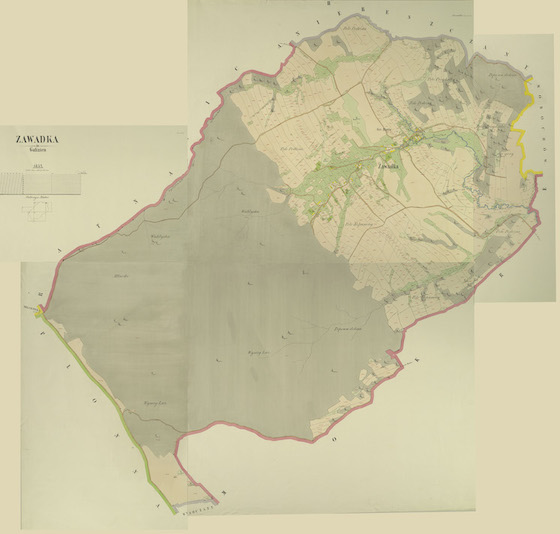 A single image of several hand-drawn maps of Zawadka Morochowska, Austria-Hungary, from 1852